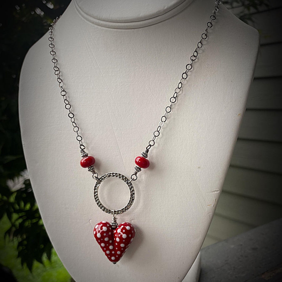 Artisan Sterling Silver & Dotted Lampwork Glass Heart necklace Red and White, Scarlet, Heart Pendant, Dot Lampwork, Handmade Antiqued Silver