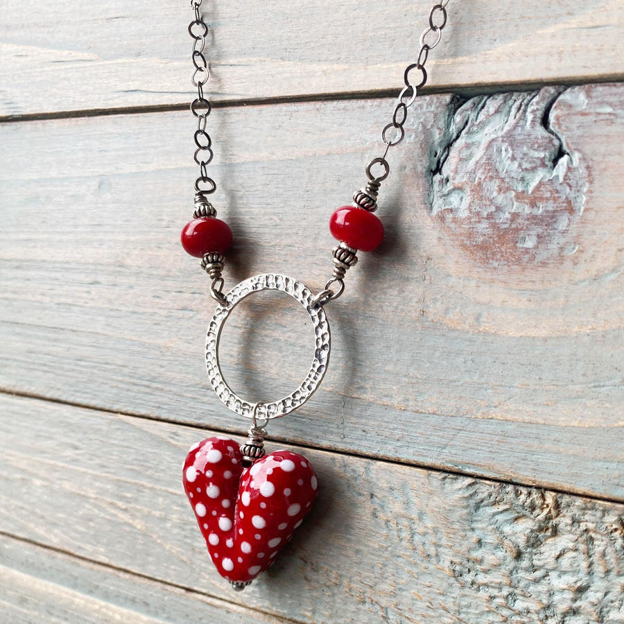 Artisan Sterling Silver & Dotted Lampwork Glass Heart necklace Red and White, Scarlet, Heart Pendant, Dot Lampwork, Handmade Antiqued Silver