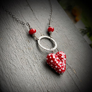 Artisan Sterling Silver & Dotted Lampwork Glass Heart necklace Red and White, Scarlet, Heart Pendant, Dot Lampwork, Handmade Antiqued Silver