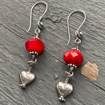 Artisan Sterling Silver & Lampwork Glass Heart Earrings Red and Silver Handmade Antiqued Silver