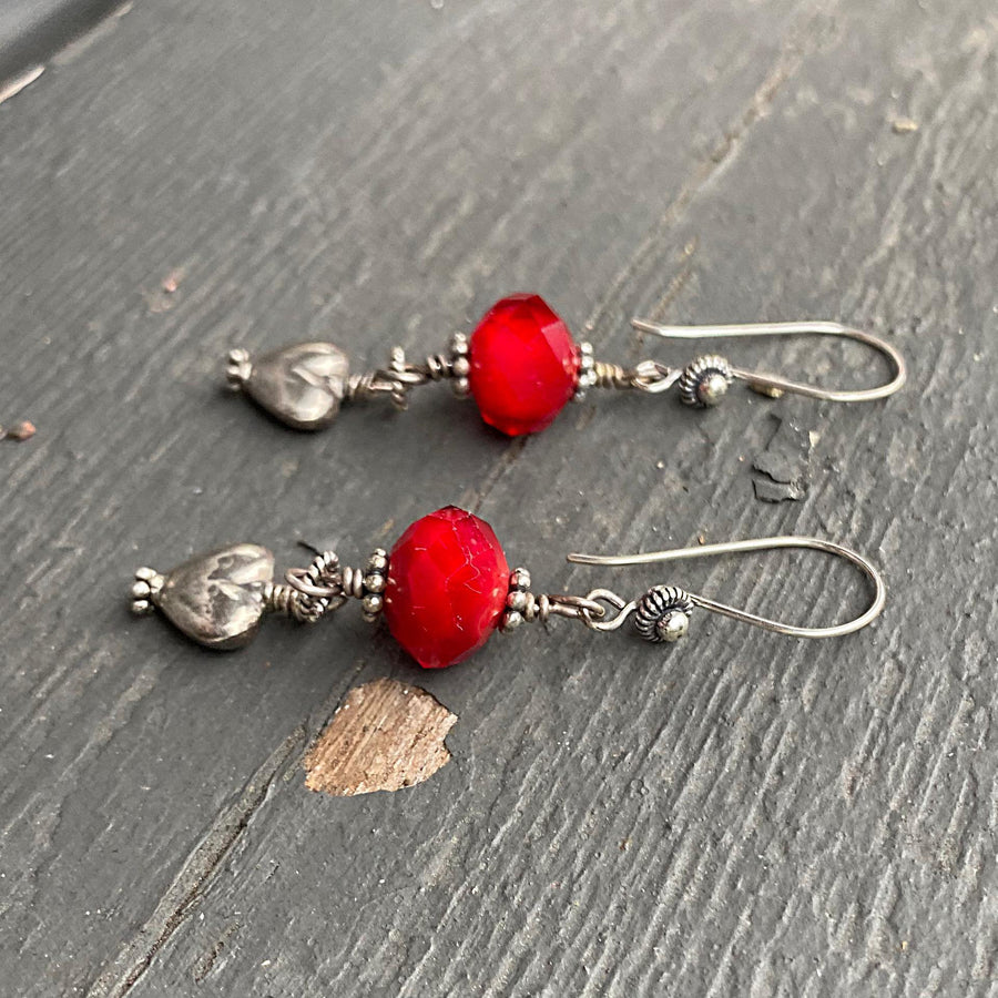 Artisan Sterling Silver & Lampwork Glass Heart Earrings Red and Silver Handmade Antiqued Silver