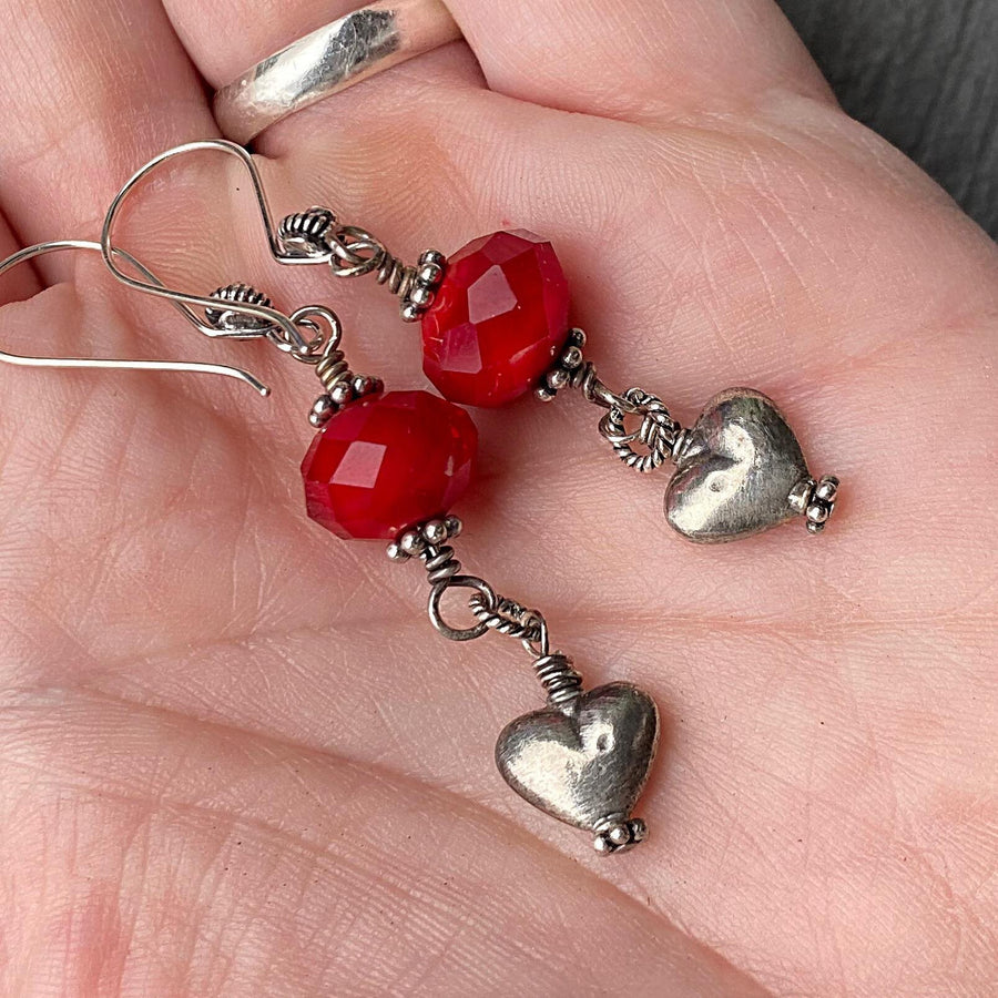 Artisan Sterling Silver & Lampwork Glass Heart Earrings Red and Silver Handmade Antiqued Silver