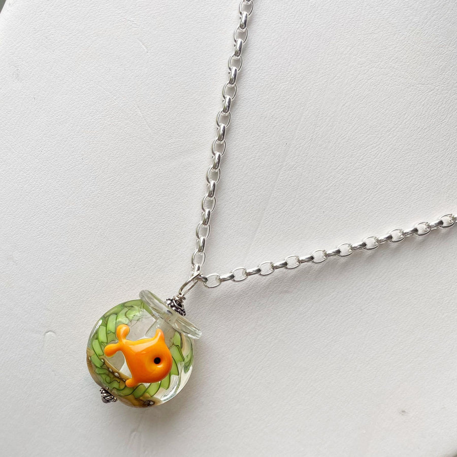 Stunning Artisan Sterling Silver and Goldfish Bowl Lampwork Glass necklace with Leather & Swarovski Crystal Accents, unusual Green Orange