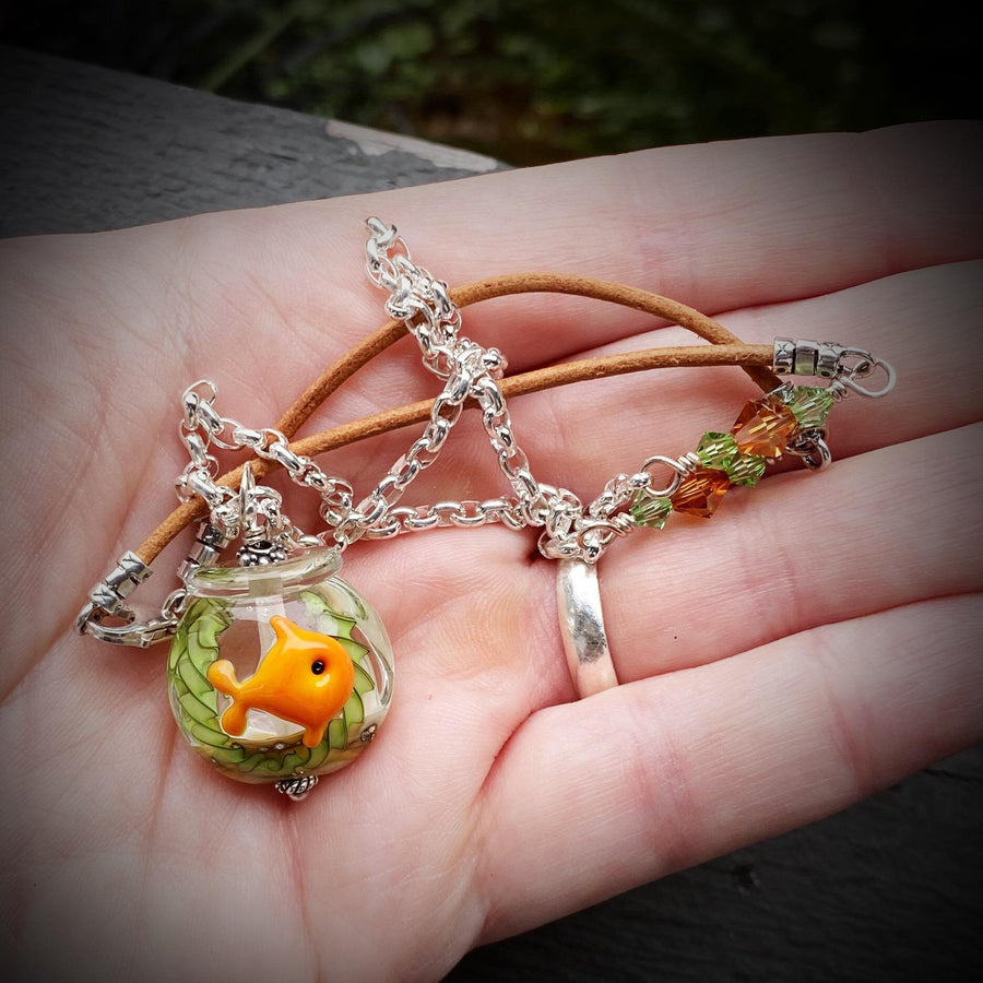 Stunning Artisan Sterling Silver and Goldfish Bowl Lampwork Glass necklace with Leather & Swarovski Crystal Accents, unusual Green Orange