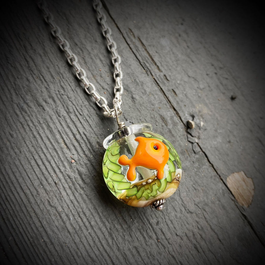 Stunning Artisan Sterling Silver and Goldfish Bowl Lampwork Glass necklace with Leather & Swarovski Crystal Accents, unusual Green Orange