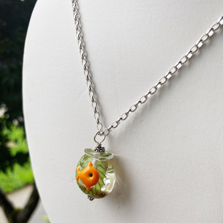 Stunning Artisan Sterling Silver and Goldfish Bowl Lampwork Glass necklace with Leather & Swarovski Crystal Accents, unusual Green Orange