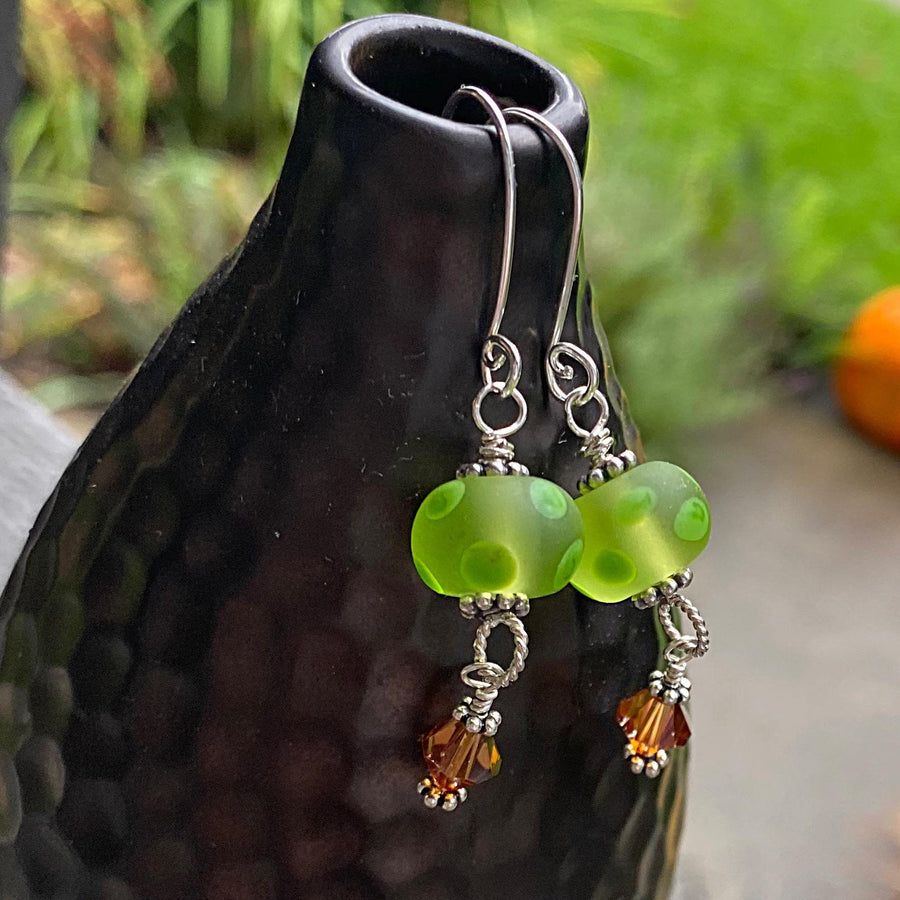 Stunning Artisan Sterling Silver and Dotted Lampwork Glass Green and Burnt Orange Contrast Earrings