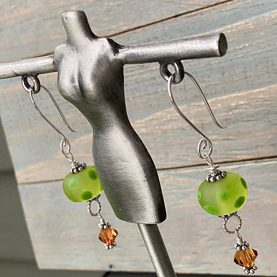 Stunning Artisan Sterling Silver and Dotted Lampwork Glass Green and Burnt Orange Contrast Earrings