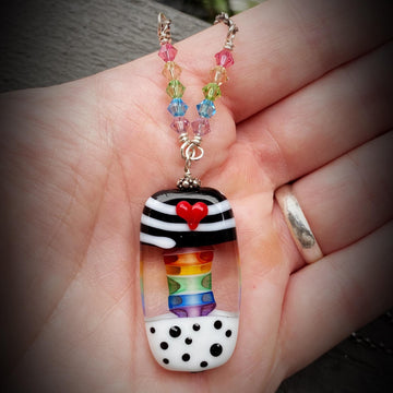 Stunning Artisan Sterling Silver and Rainbow, Stripe, and Dot Lampwork Glass necklace & Swarovski Crystal Accents, LGBTQ, Everyday, Unusual