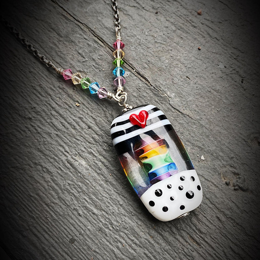 Stunning Artisan Sterling Silver and Rainbow, Stripe, and Dot Lampwork Glass necklace & Swarovski Crystal Accents, LGBTQ, Everyday, Unusual