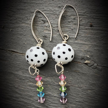 Stunning Artisan Sterling Silver, Rainbow and Black White Dot Lampwork Glass Earrings & Swarovski Crystal Accents, LGBTQ, Everyday, Unusual