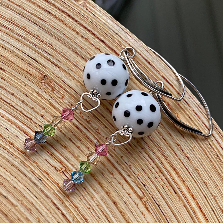 Stunning Artisan Sterling Silver, Rainbow and Black White Dot Lampwork Glass Earrings & Swarovski Crystal Accents, LGBTQ, Everyday, Unusual