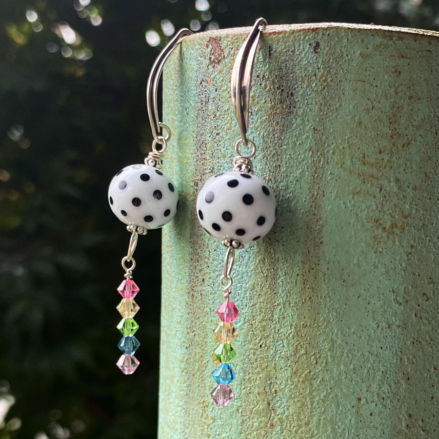 Stunning Artisan Sterling Silver, Rainbow and Black White Dot Lampwork Glass Earrings & Swarovski Crystal Accents, LGBTQ, Everyday, Unusual