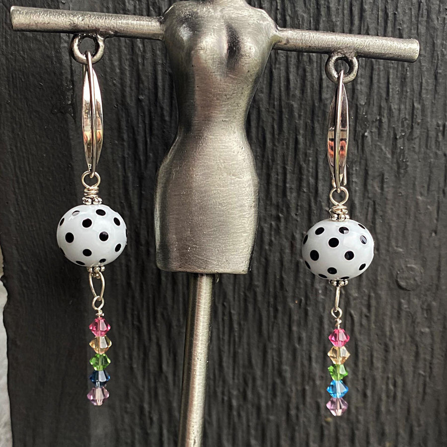 Stunning Artisan Sterling Silver, Rainbow and Black White Dot Lampwork Glass Earrings & Swarovski Crystal Accents, LGBTQ, Everyday, Unusual