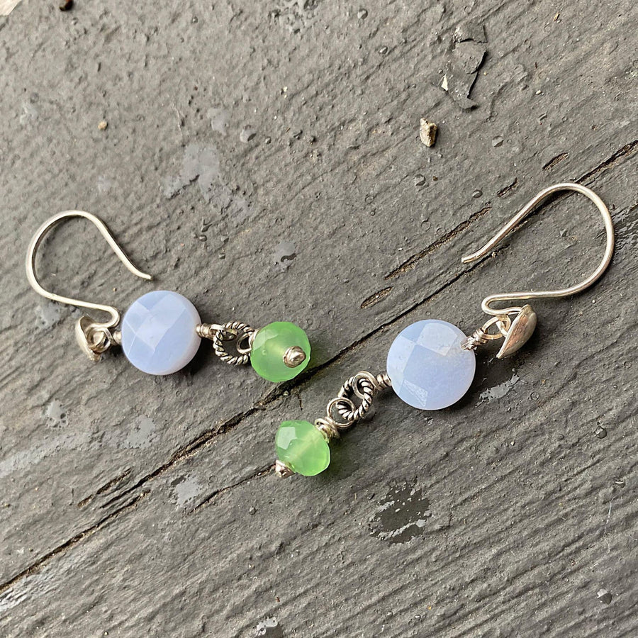 Stunning Artisan Sterling Silver and Blue Lace Agate and Green Quartz Earrings, Bright Sterling Silver Earwires, Stunning Drop Earrings