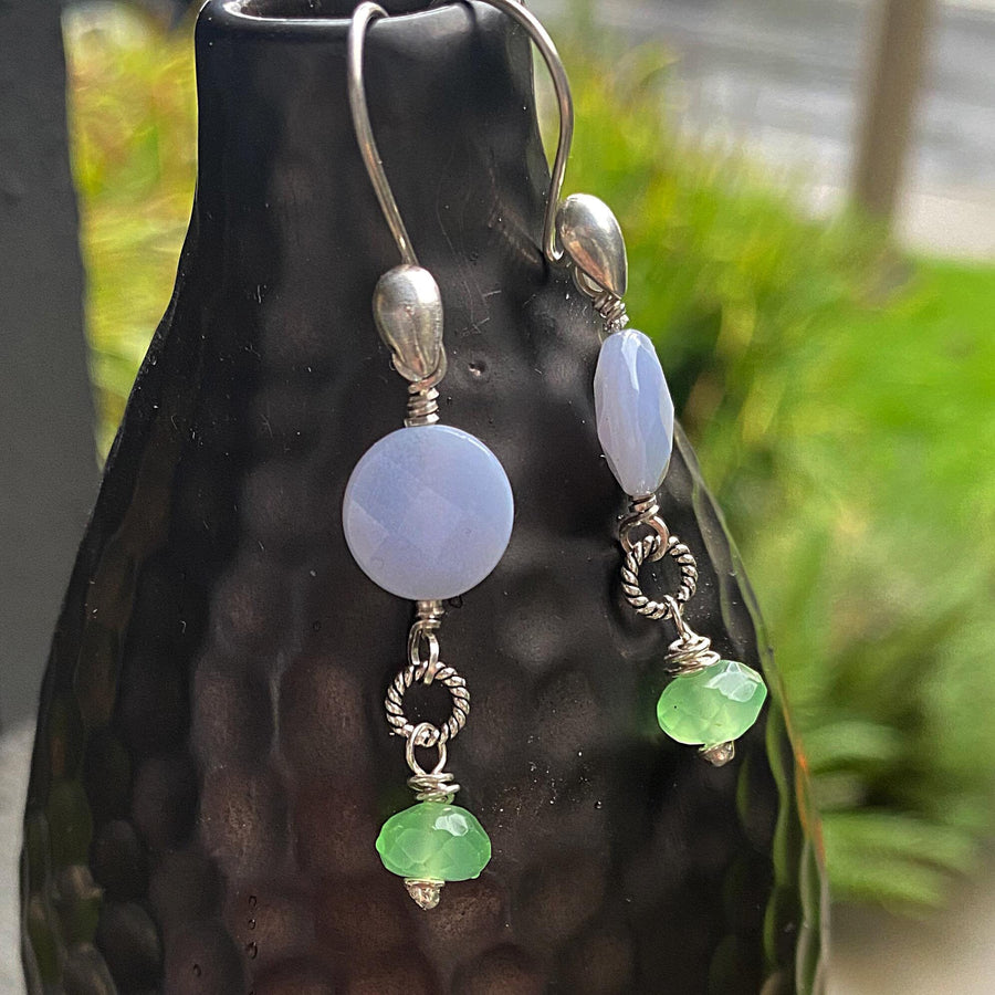 Stunning Artisan Sterling Silver and Blue Lace Agate and Green Quartz Earrings, Bright Sterling Silver Earwires, Stunning Drop Earrings