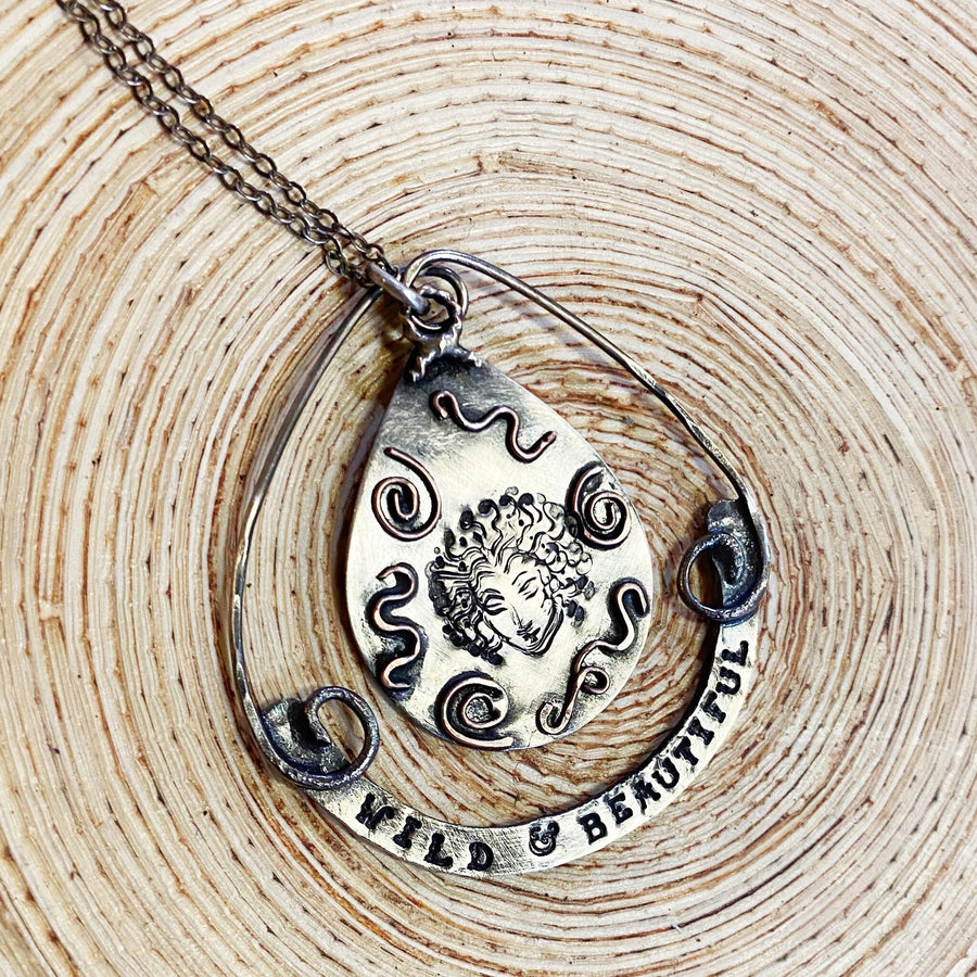 Artisan Sterling Silver Medusa Wild & Beautiful Hand Forged Pendant Necklace Hand Stamped Teardrop Statement Necklace on Antiqued sterling