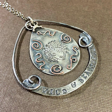 Artisan Sterling Silver Medusa Wild & Beautiful Hand Forged Pendant Necklace Hand Stamped Teardrop Statement Necklace on Antiqued sterling