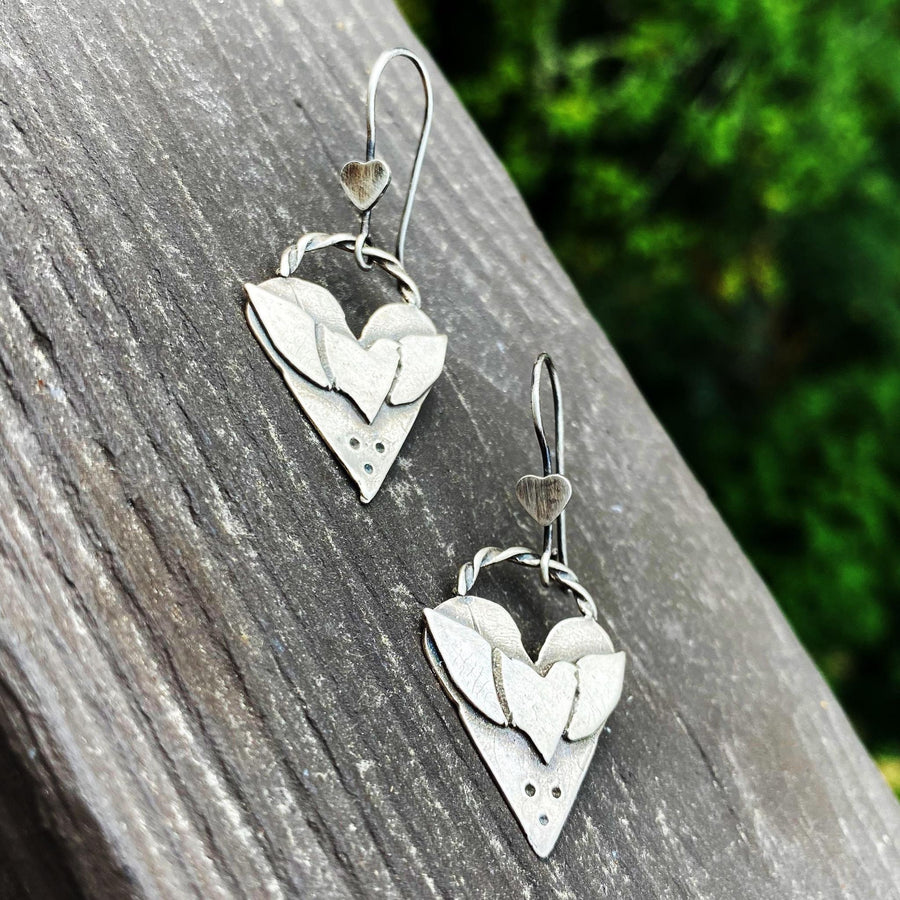 Artisan Sterling Silver Winged Heart Earrings, Hand Forged, Silversmith, Little Heart Ear Wires, Unique Everyday Earrings, Hearts and Wings