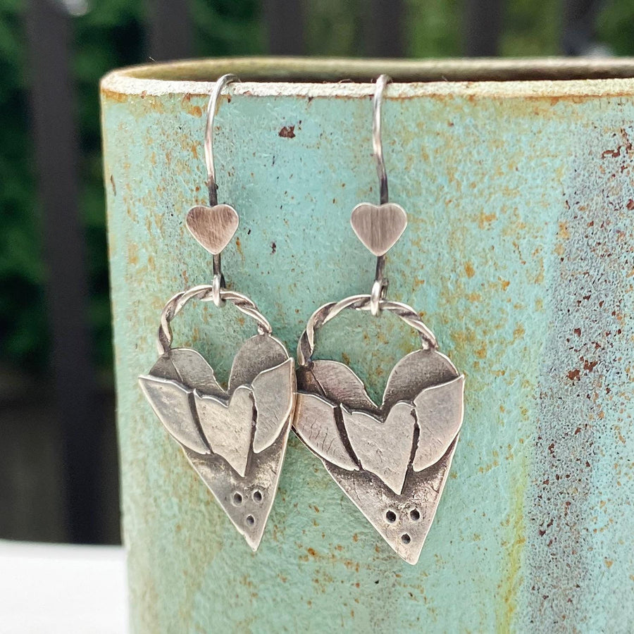 Artisan Sterling Silver Winged Heart Earrings, Hand Forged, Silversmith, Little Heart Ear Wires, Unique Everyday Earrings, Hearts and Wings