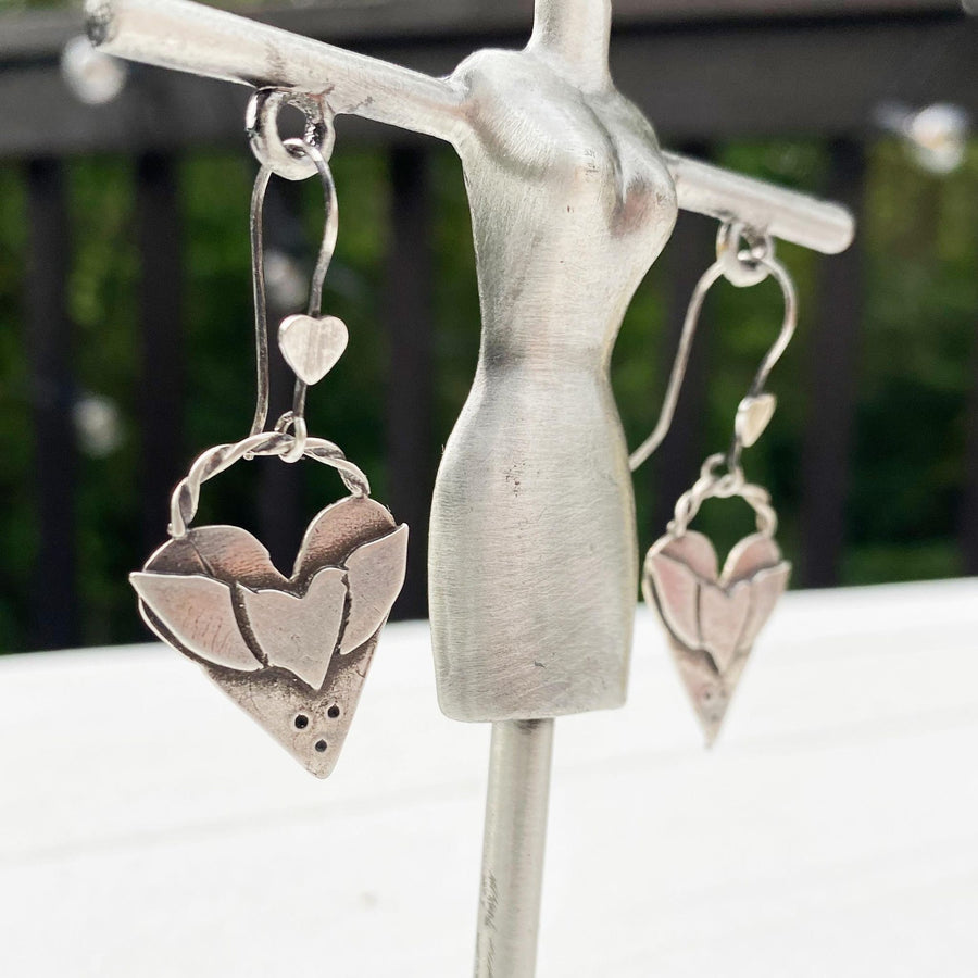 Artisan Sterling Silver Winged Heart Earrings, Hand Forged, Silversmith, Little Heart Ear Wires, Unique Everyday Earrings, Hearts and Wings