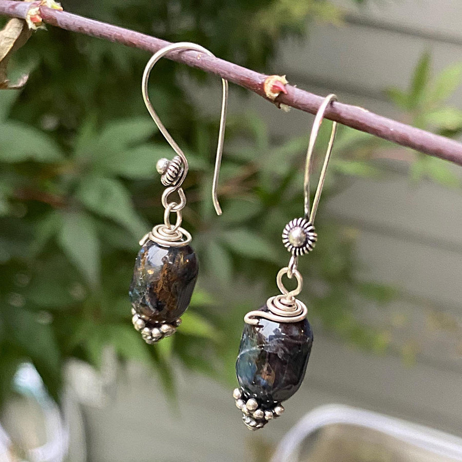 Artisan Sterling Silver & Piertersite Earrings with Sterling Earwires, Beautiful Navy Burgundy and Oxidized Antiqued Bali Silver