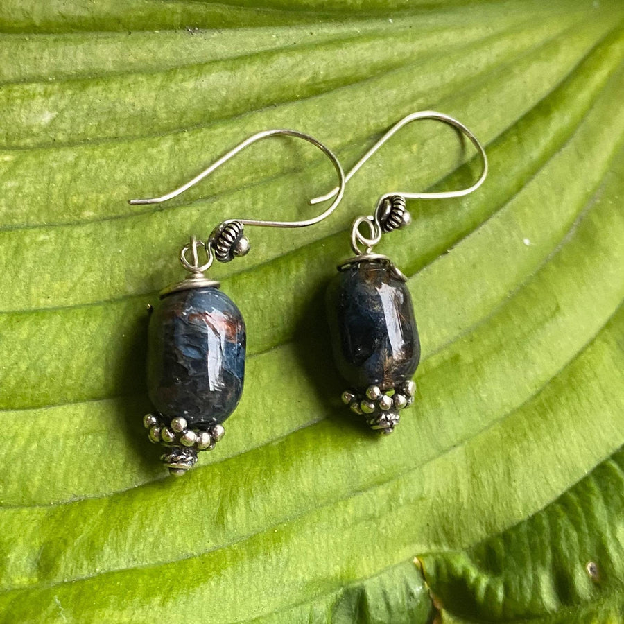 Artisan Sterling Silver & Piertersite Earrings with Sterling Earwires, Beautiful Navy Burgundy and Oxidized Antiqued Bali Silver