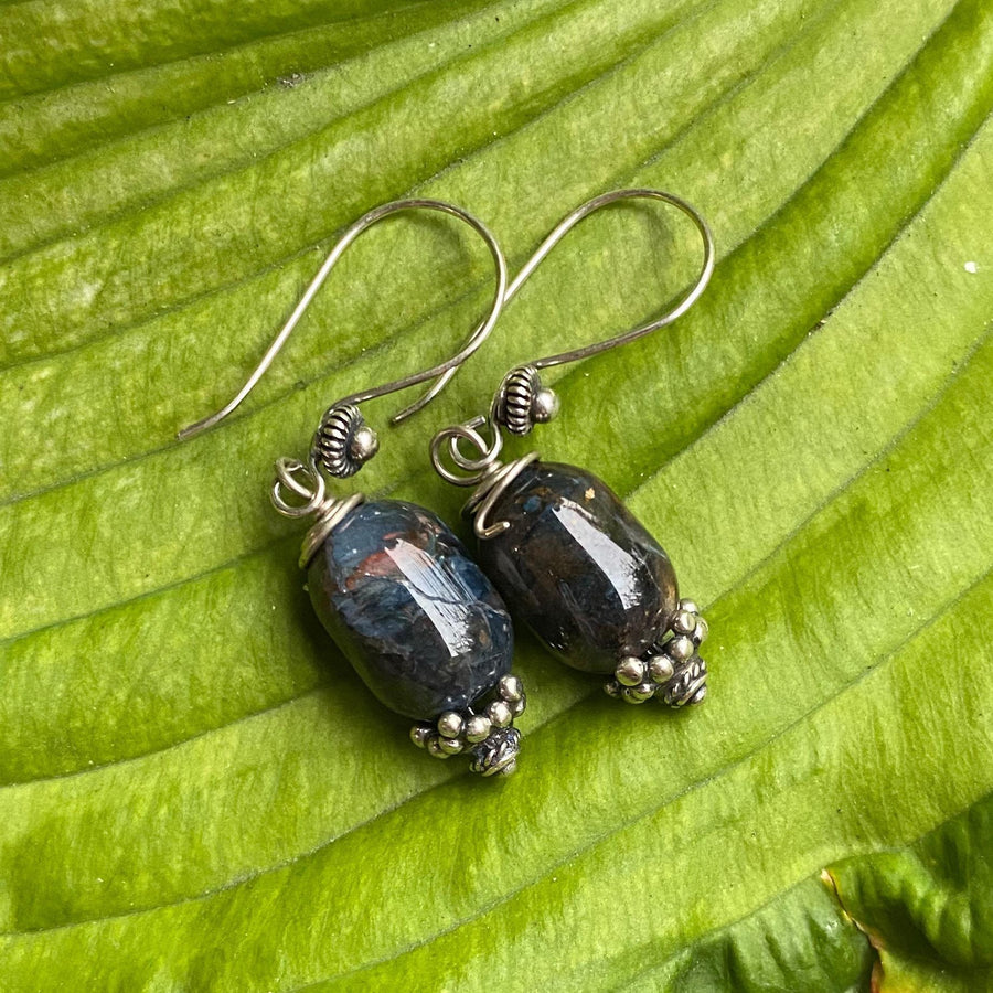 Artisan Sterling Silver & Piertersite Earrings with Sterling Earwires, Beautiful Navy Burgundy and Oxidized Antiqued Bali Silver