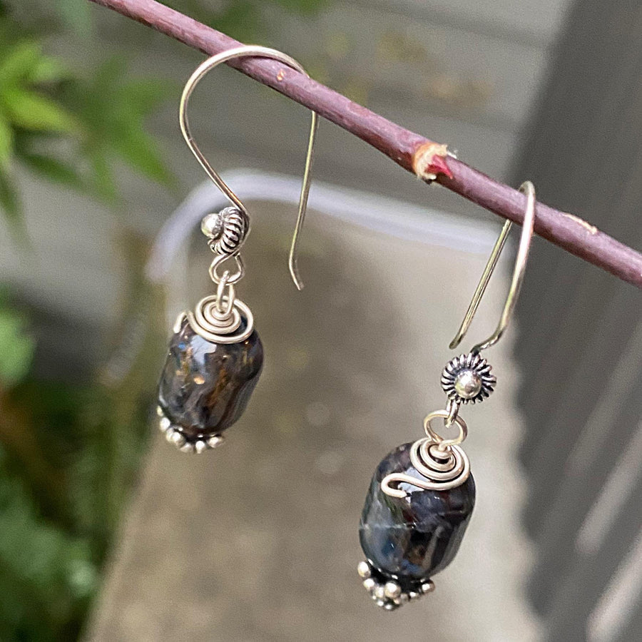 Artisan Sterling Silver & Piertersite Earrings with Sterling Earwires, Beautiful Navy Burgundy and Oxidized Antiqued Bali Silver