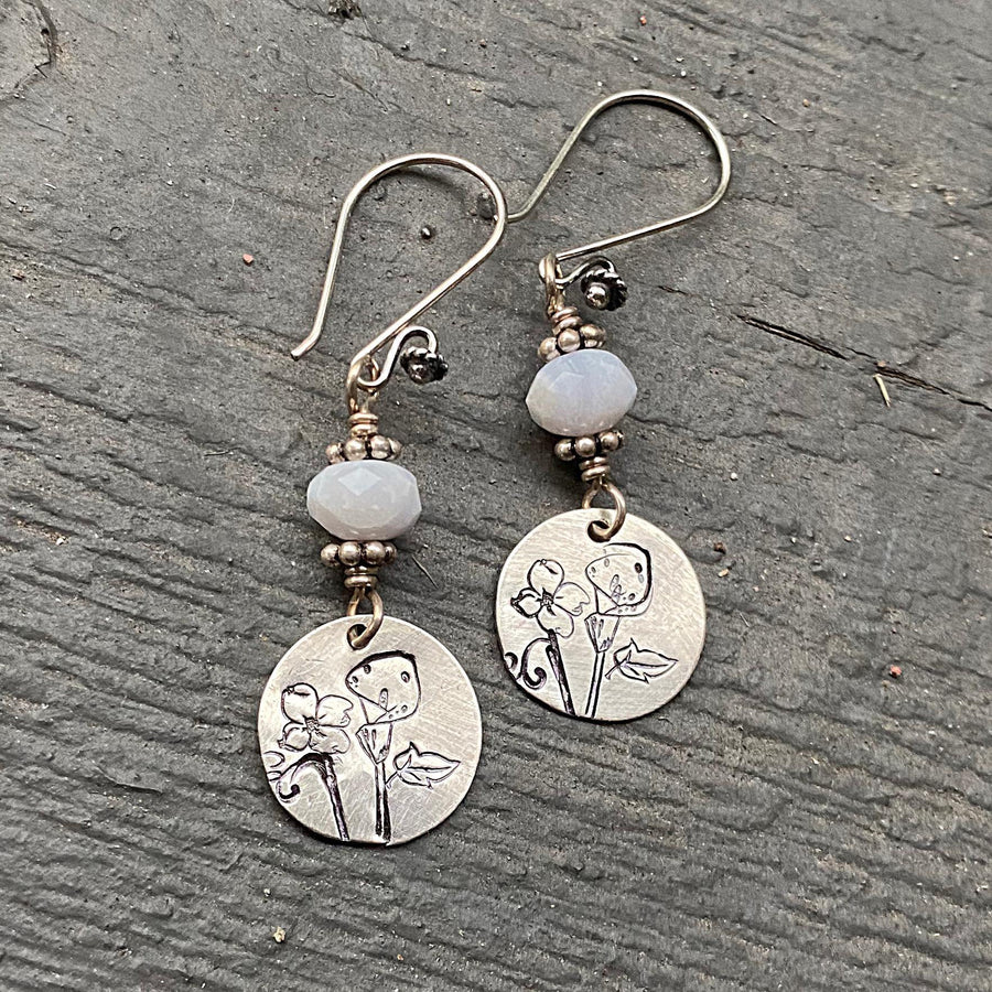 Artisan Sterling Silver and Blue Lace Agate Cala Lilly Earrings, Sterling Silver Dogwood Flower  Earrings, Unique and OOAK, Handmade