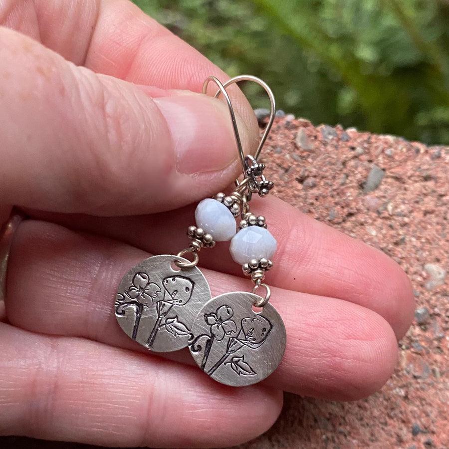 Artisan Sterling Silver and Blue Lace Agate Cala Lilly Earrings, Sterling Silver Dogwood Flower  Earrings, Unique and OOAK, Handmade