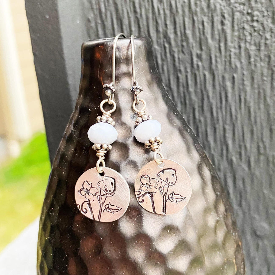 Artisan Sterling Silver and Blue Lace Agate Cala Lilly Earrings, Sterling Silver Dogwood Flower  Earrings, Unique and OOAK, Handmade