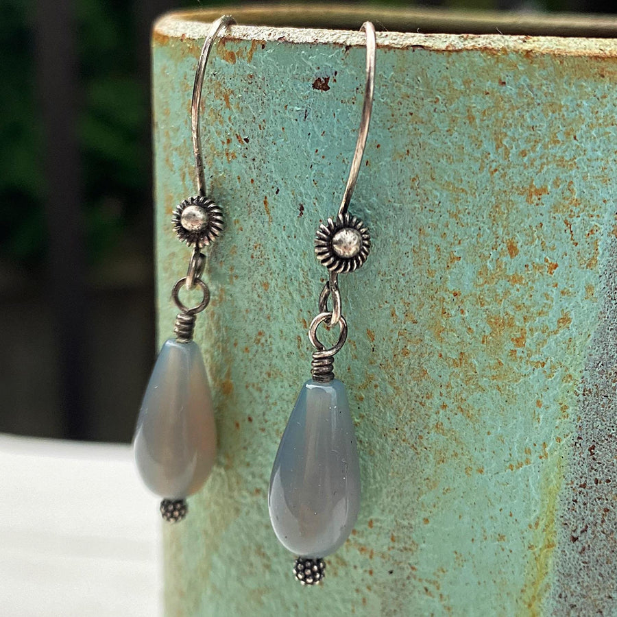 Artisan Sterling Silver and Blue Chalcedony Smooth Teardrop Earrings, Beautiful Bluish Gray, Dress up or Everyday, Unique and OOAK, Handmade