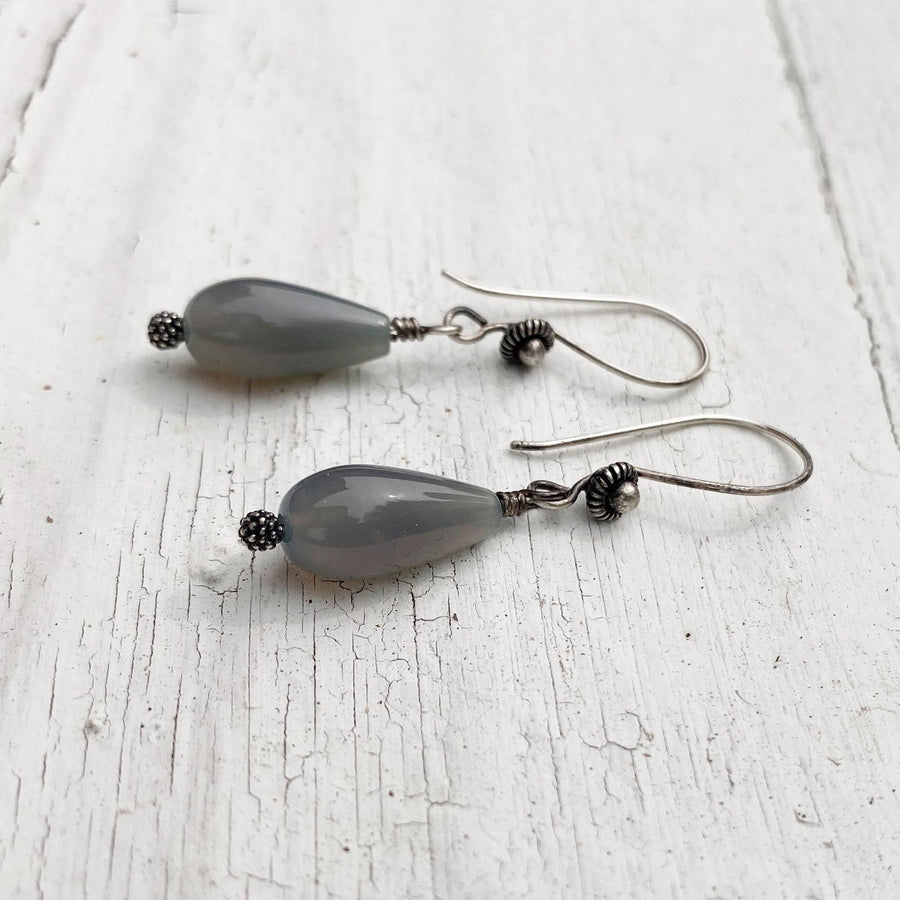 Artisan Sterling Silver and Blue Chalcedony Smooth Teardrop Earrings, Beautiful Bluish Gray, Dress up or Everyday, Unique and OOAK, Handmade