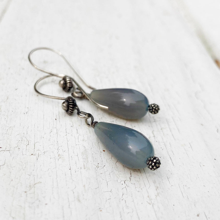 Artisan Sterling Silver and Blue Chalcedony Smooth Teardrop Earrings, Beautiful Bluish Gray, Dress up or Everyday, Unique and OOAK, Handmade