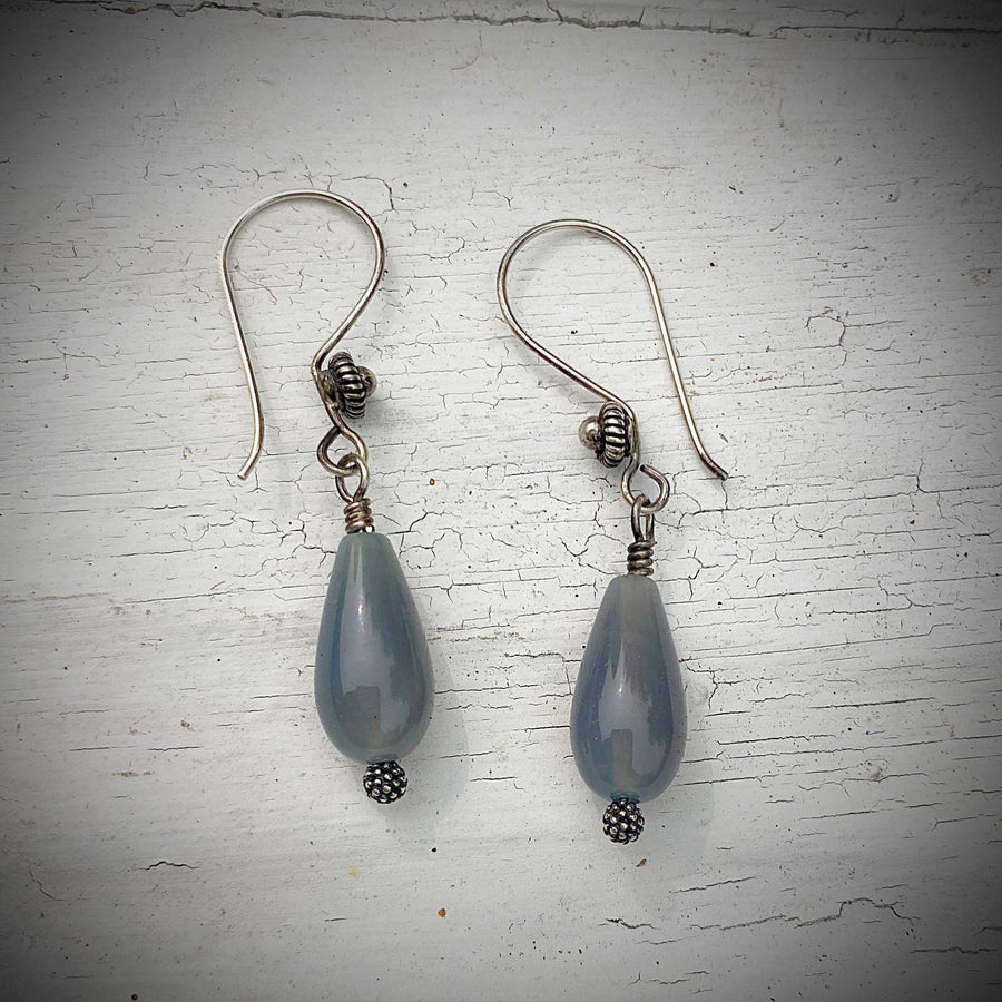 Artisan Sterling Silver and Blue Chalcedony Smooth Teardrop Earrings, Beautiful Bluish Gray, Dress up or Everyday, Unique and OOAK, Handmade