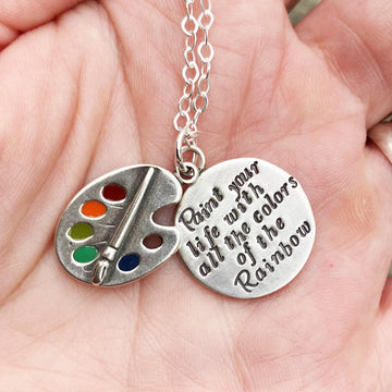 Artisan Sterling Silver and Rainbow Enamel Paint Palette Necklace 