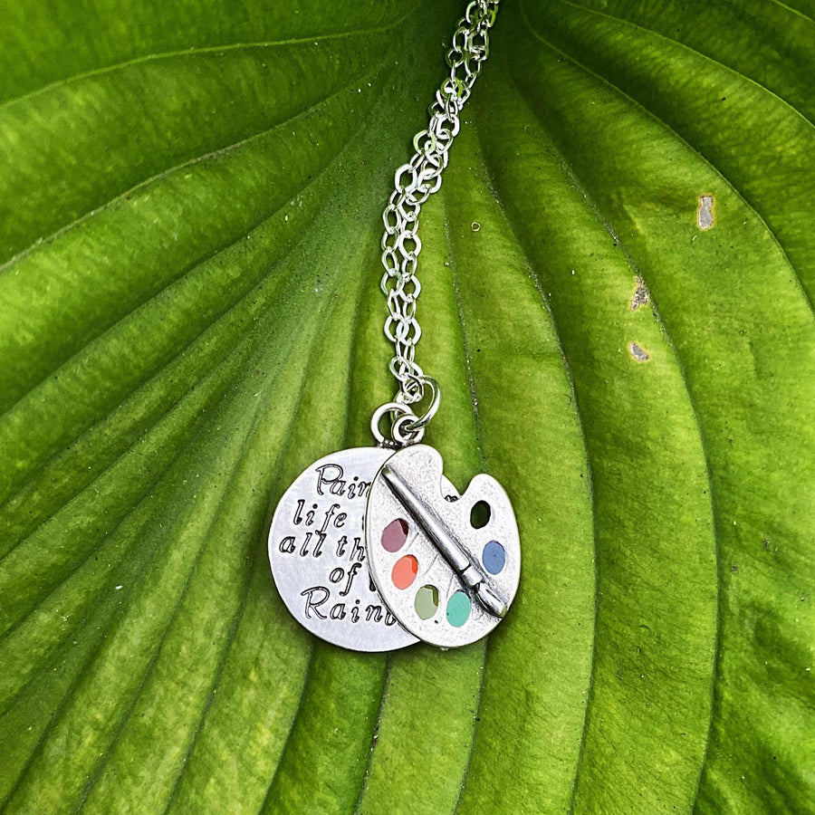 Artisan Sterling Silver and Rainbow Enamel Paint Palette Necklace 