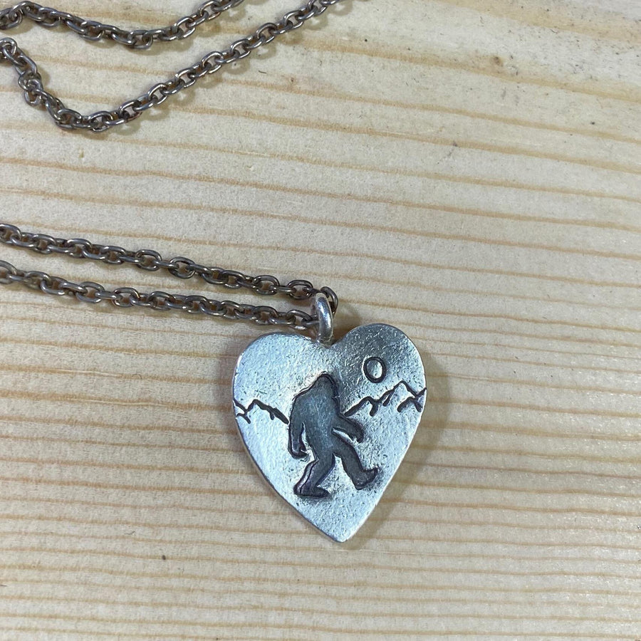 Artisan Sterling Silver Sasquatch in the mountains Heart Pendant, Big Foot, Yeti Scene with Sasquatch Big Foot Washington State Heart Silver