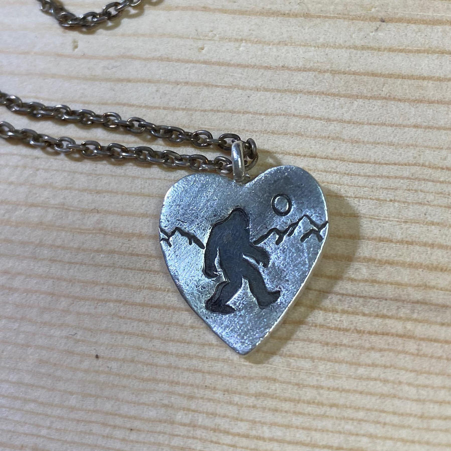 Artisan Sterling Silver Sasquatch in the mountains Heart Pendant, Big Foot, Yeti Scene with Sasquatch Big Foot Washington State Heart Silver