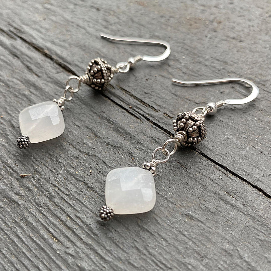 Artisan Sterling Silver and faceted White Quartz Beautiful and intricate Bali Silver, Dangle Earrings, Bali Earwires, Versatile Everyday