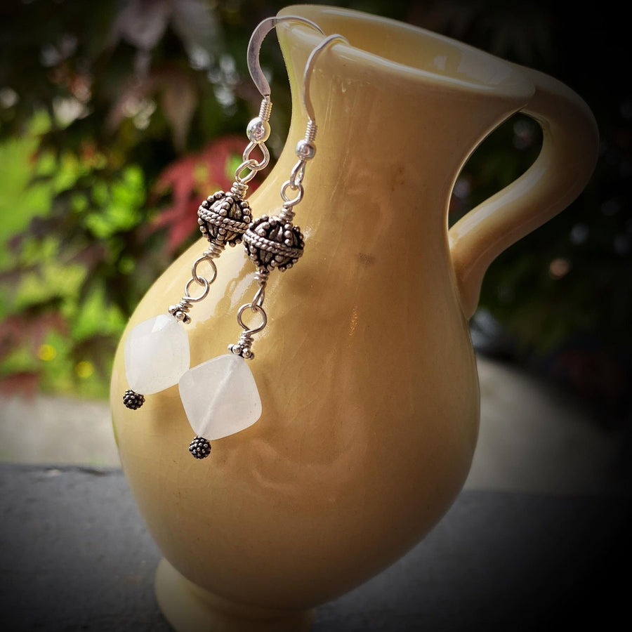 Artisan Sterling Silver and faceted White Quartz Beautiful and intricate Bali Silver, Dangle Earrings, Bali Earwires, Versatile Everyday