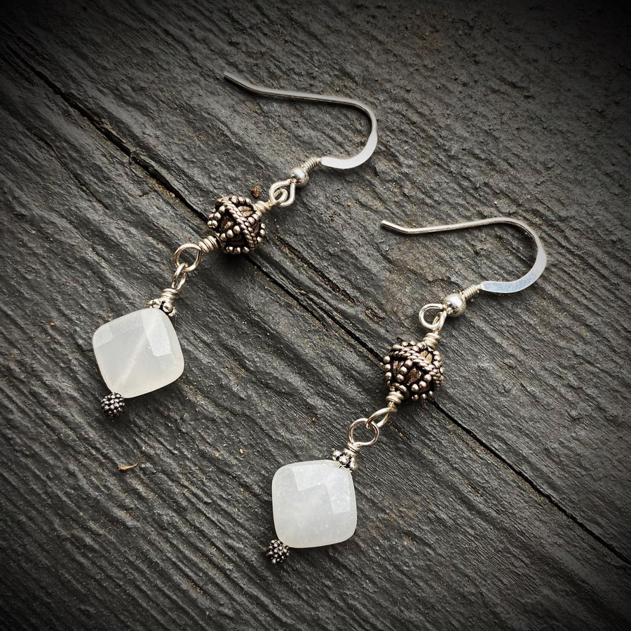 Artisan Sterling Silver and faceted White Quartz Beautiful and intricate Bali Silver, Dangle Earrings, Bali Earwires, Versatile Everyday