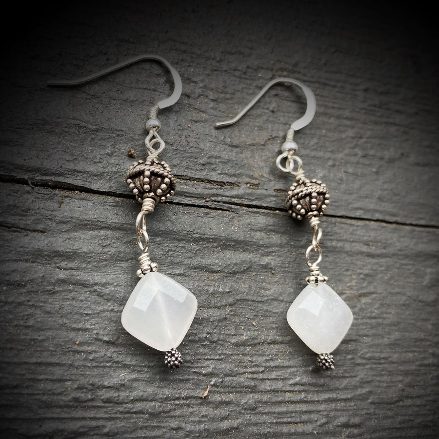 Artisan Sterling Silver and faceted White Quartz Beautiful and intricate Bali Silver, Dangle Earrings, Bali Earwires, Versatile Everyday