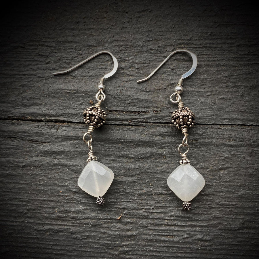 Artisan Sterling Silver and faceted White Quartz Beautiful and intricate Bali Silver, Dangle Earrings, Bali Earwires, Versatile Everyday