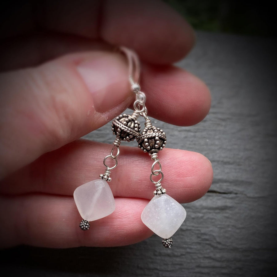 Artisan Sterling Silver and faceted White Quartz Beautiful and intricate Bali Silver, Dangle Earrings, Bali Earwires, Versatile Everyday