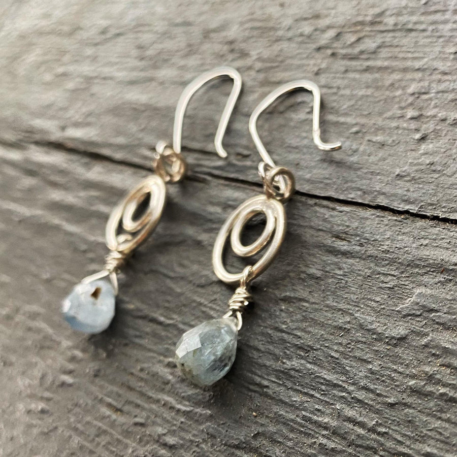 Artisan Sterling Silver and faceted Biolettes of Kyanite, with Silver Circles, Dangle Earrings, Bali Earwires, Versatile Everyday, silvery