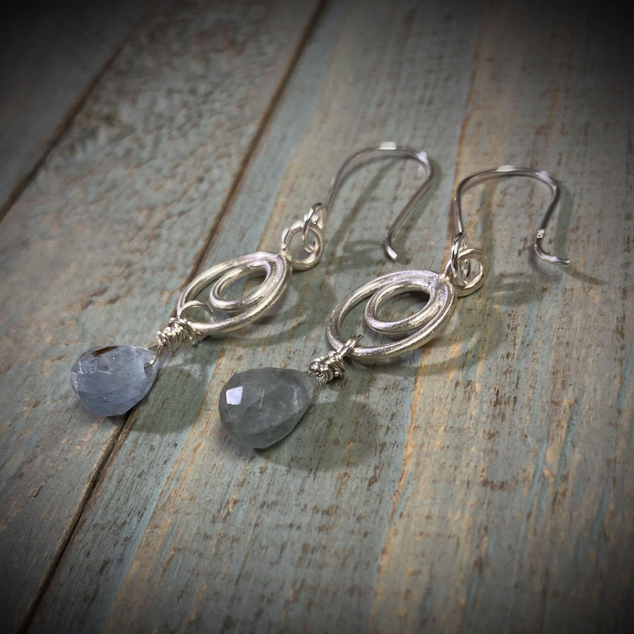 Artisan Sterling Silver and faceted Biolettes of Kyanite, with Silver Circles, Dangle Earrings, Bali Earwires, Versatile Everyday, silvery