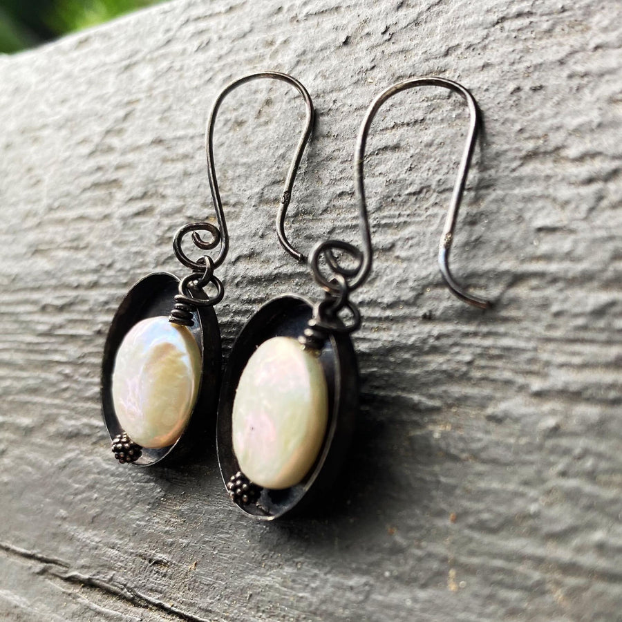 Artisan Blackened Sterling Silver and Creamy Coin Pearl Earrings, Contrast Black and White, Unique and OOAK, Handmade, Spiral Ear Wires