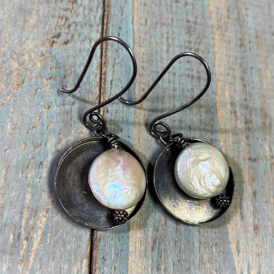 Artisan Blackened Sterling Silver and Creamy Coin Pearl Earrings, Contrast Black and White, Unique and OOAK, Handmade, Spiral Ear Wires